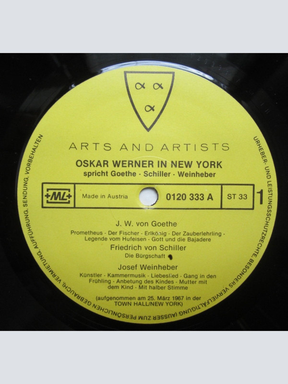 Vinyl / Oskar Werner - Mit Goethe Schiller Weinheber In New York