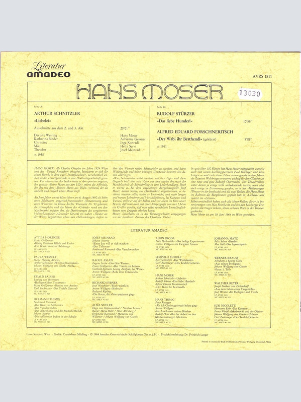 Vinyl / Hans Moser - Arthur Schnitzler - Liebelei, Rudolf Stürzer - Das Liebe Hunderl, Alfred Eduard Forschneritsch  - Der Wabi Ihr Brathendl