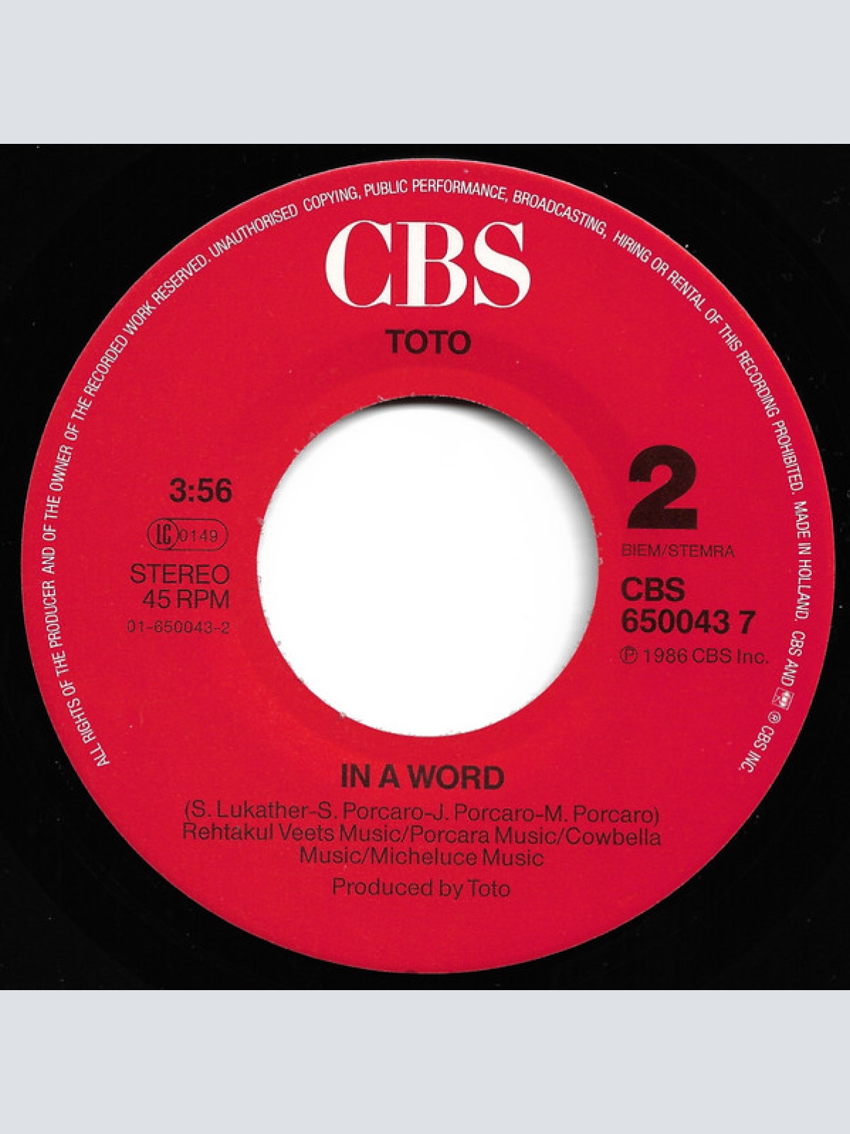 Vinyl / Toto - I'll Be Over You