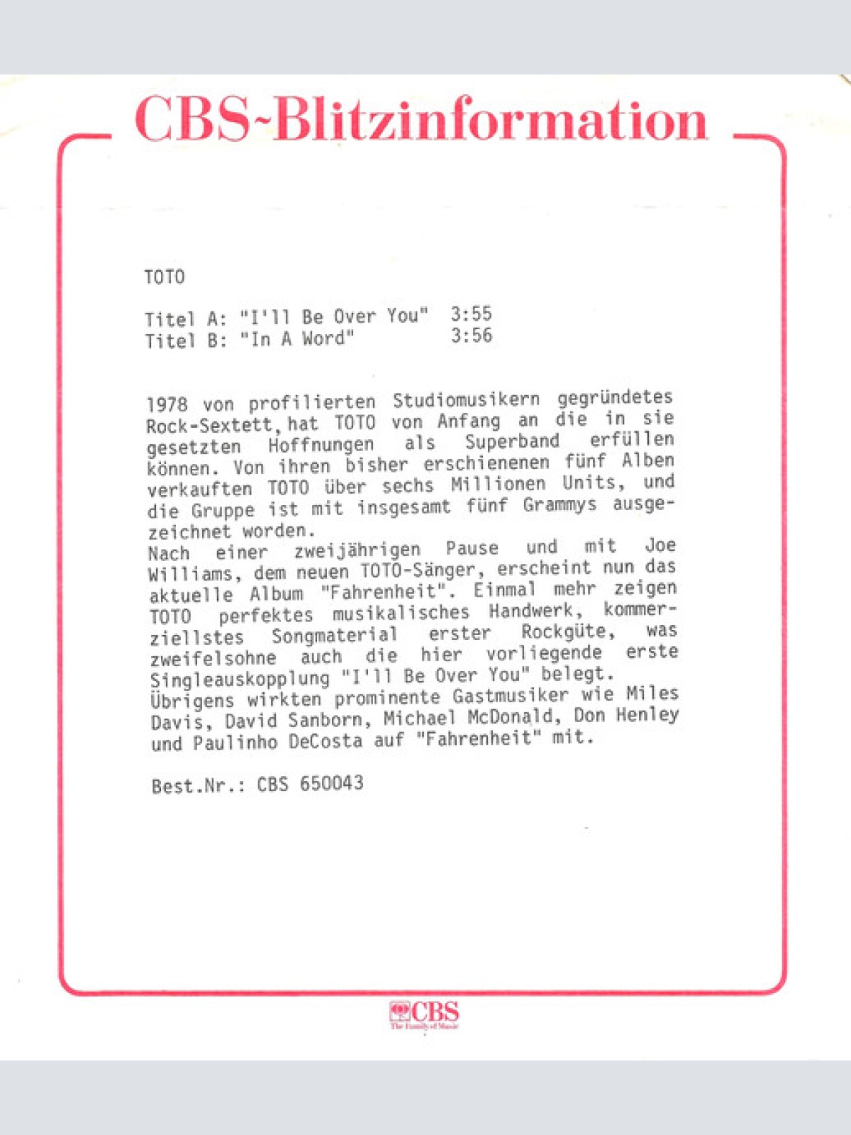 Vinyl / Toto - I'll Be Over You