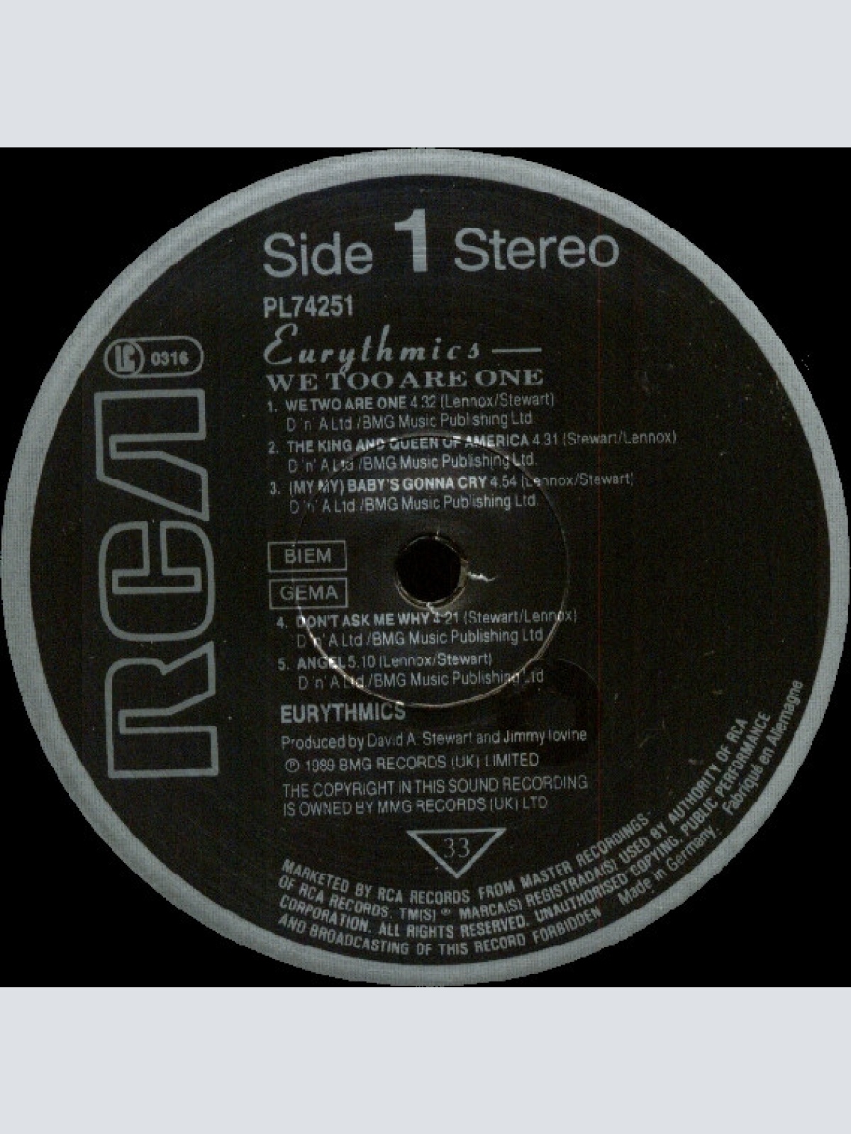 Vinyl / Eurythmics - We Too Are One