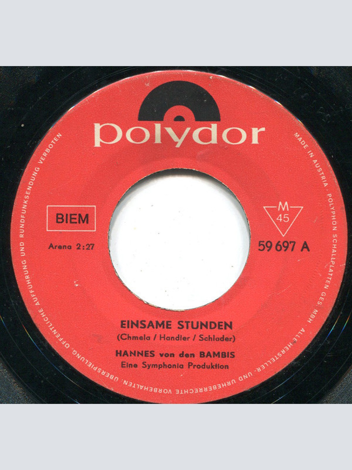 Vinyl / Hannes Von Den Bambis* - Einsame Stunden / Du Schaust Noch Einmal Zurück