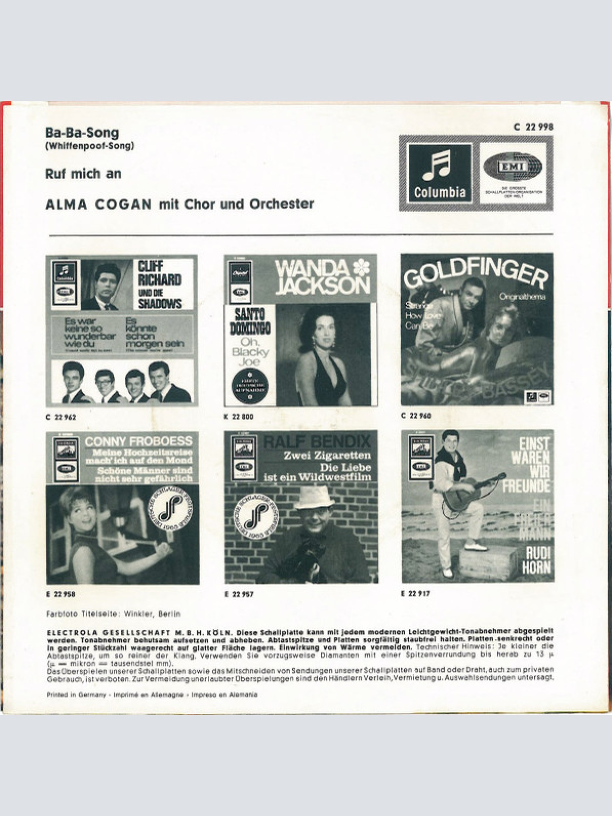 Vinyl / Alma Cogan - Ba-Ba-Song (Whiffenpoof-Song) / Ruf Mich An