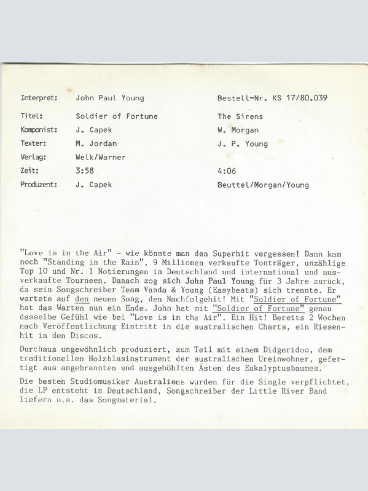 Vinyl / John Paul Young - Soldier Of Fortune