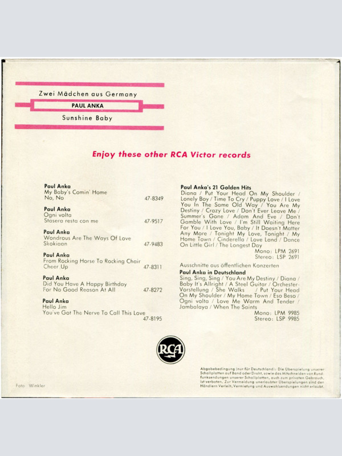 Vinyl / Paul Anka - Zwei Mädchen Aus Germany
