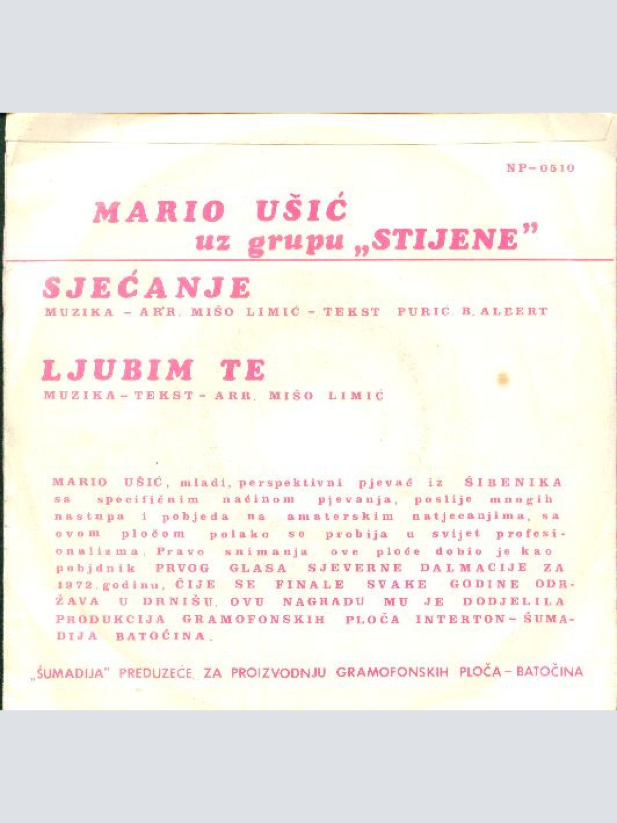 Vinyl / Mario Ušić Uz Grupu „Stijene”* - Sjećanje / Ljubim Te