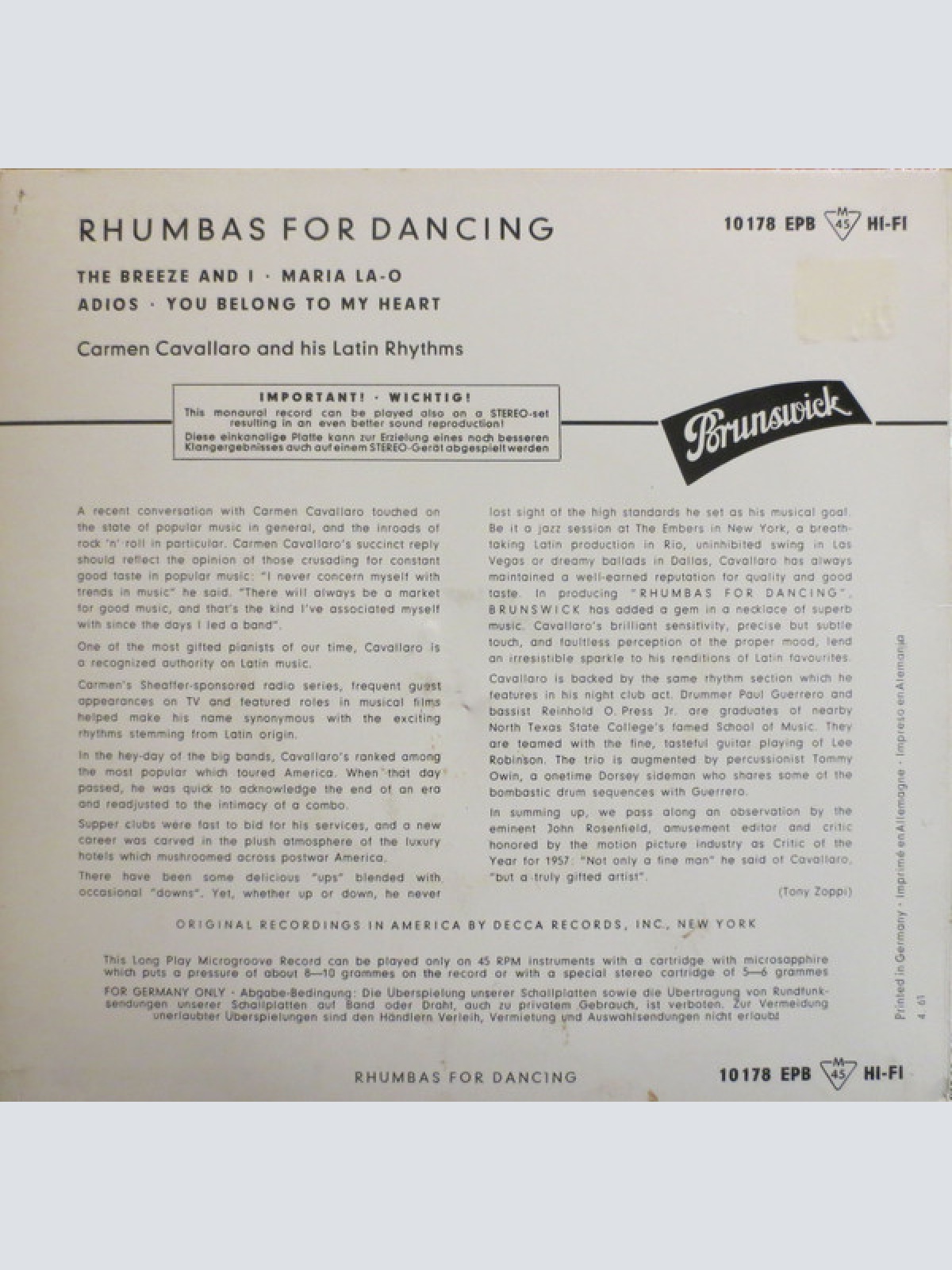 Vinyl / Carmen Cavallaro And His Latin Rhythms - Rhumbas For Dancing