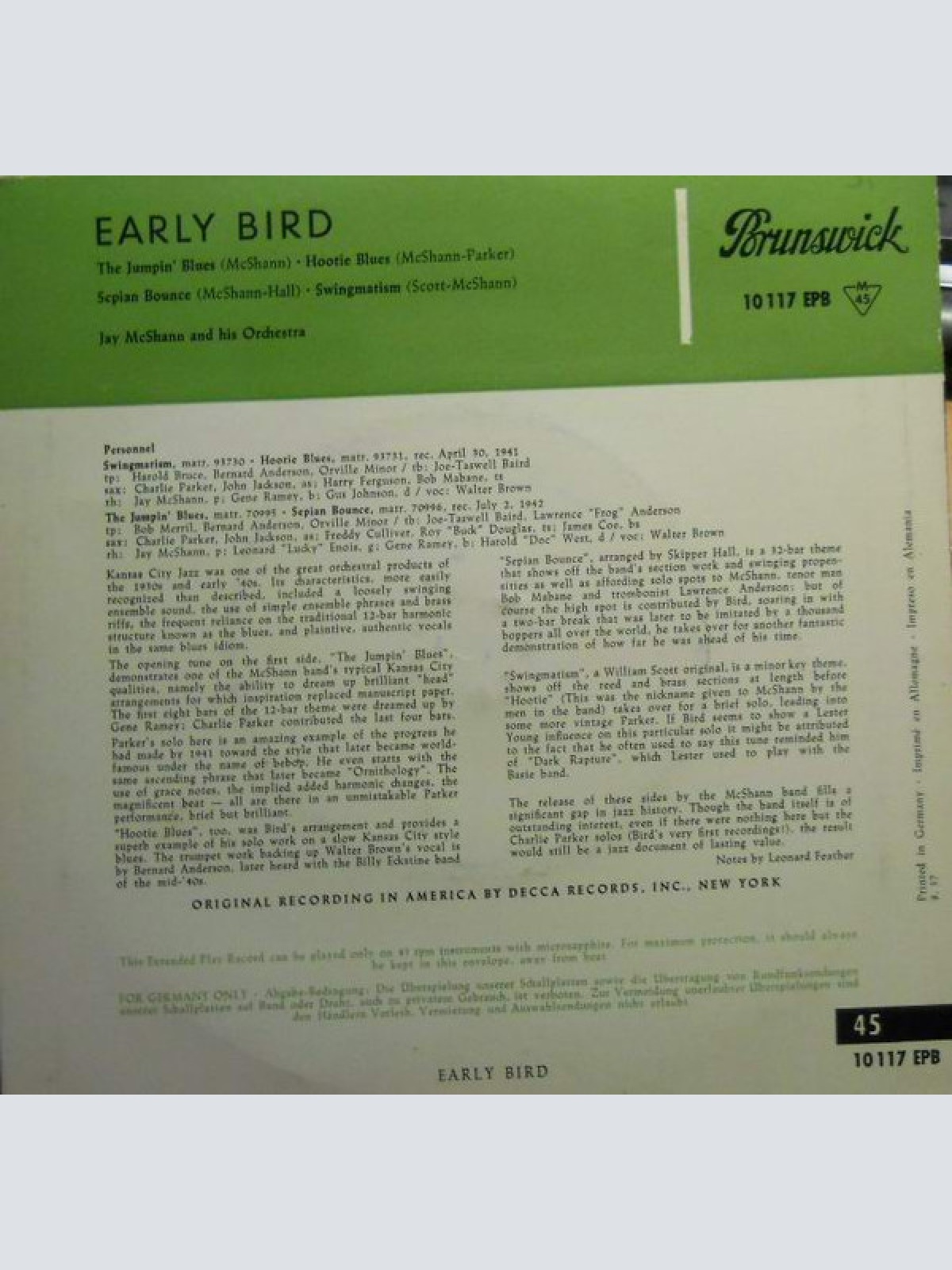 Vinyl / Jay McShann And His Orchestra ,  Charlie Parker - Early Bird (The First Recordings Of Charlie Parker)