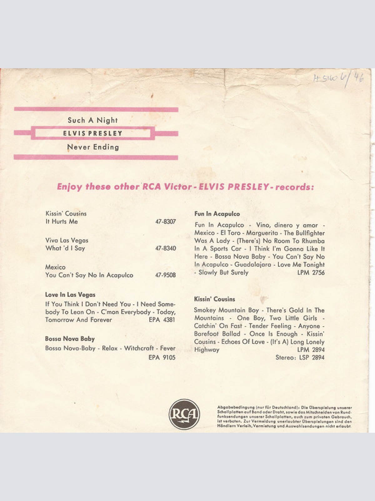 Vinyl / Elvis Presley With The Jordanaires - Such A Night / Never Ending