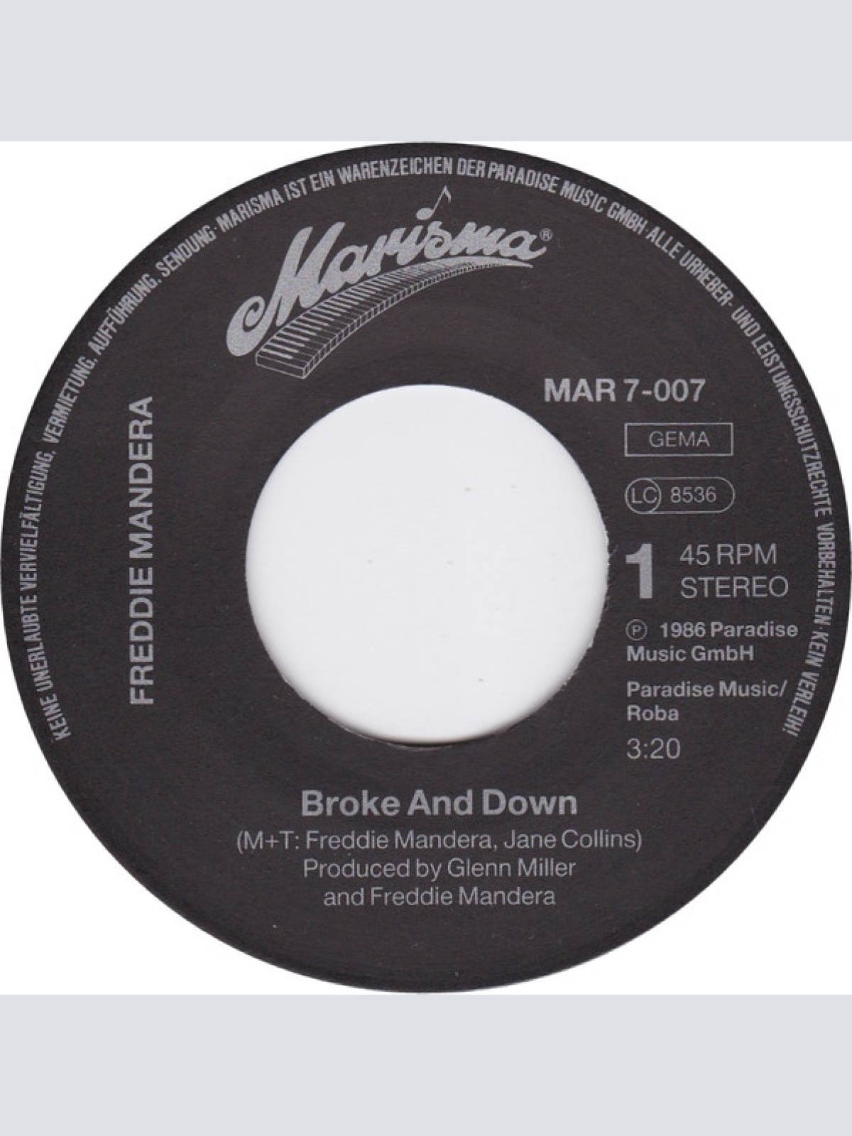Vinyl / Freddie Mandera - Broke And Down / No Fist Nor Dagger