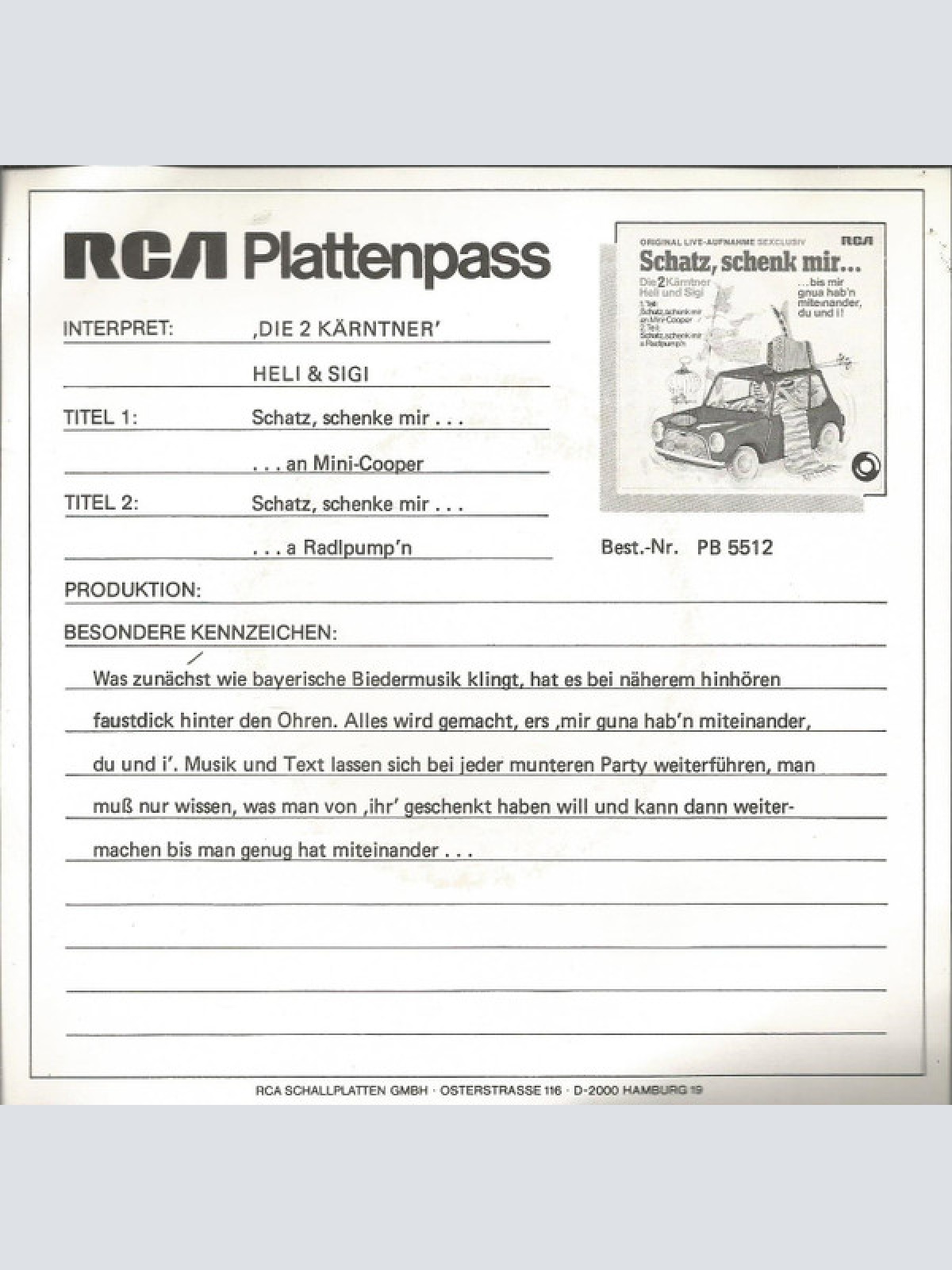 Vinyl / Die 2 Kärntner Heli & Sigi - Schatz, Schenk Mir...