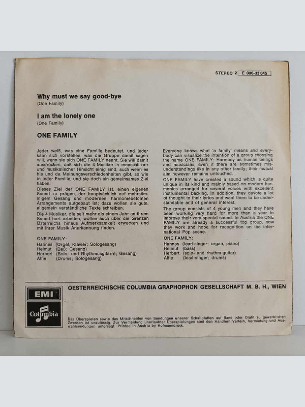 Vinyl / One Family (2) - Why Must We Say Good-Bye / I Am The Lonely One