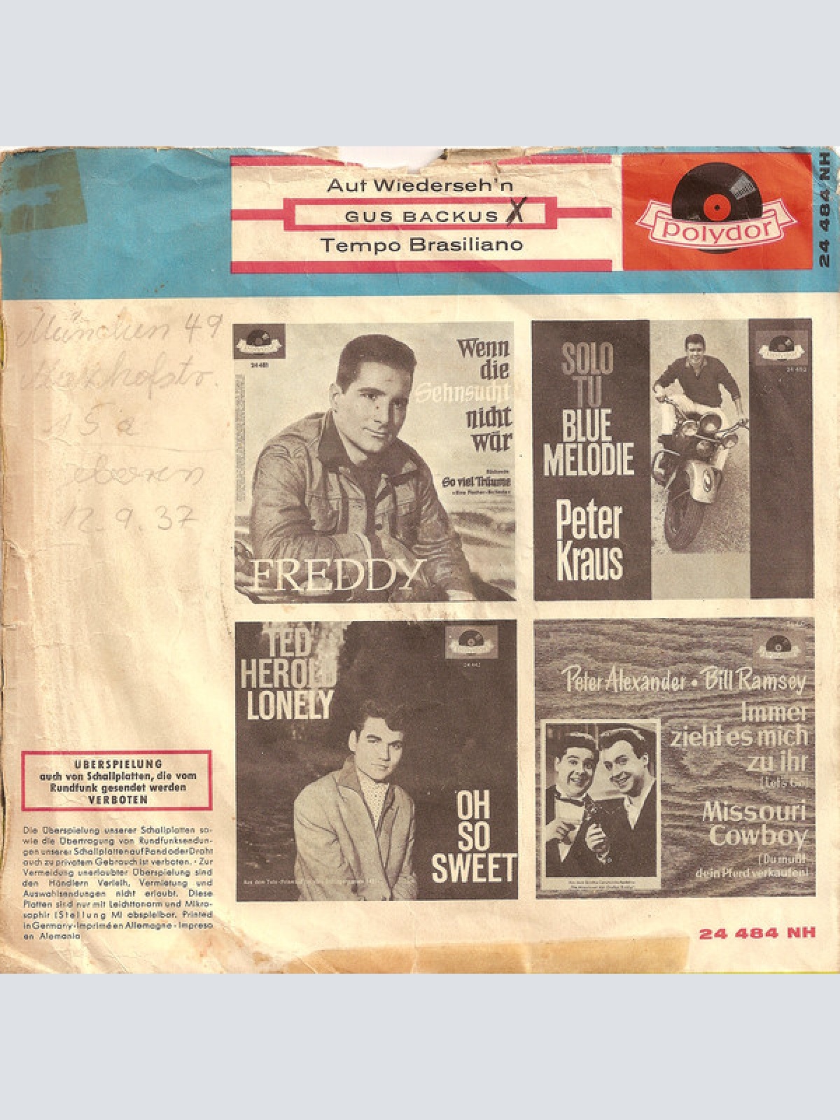 Vinyl / Gus Backus - Auf Wiederseh'n