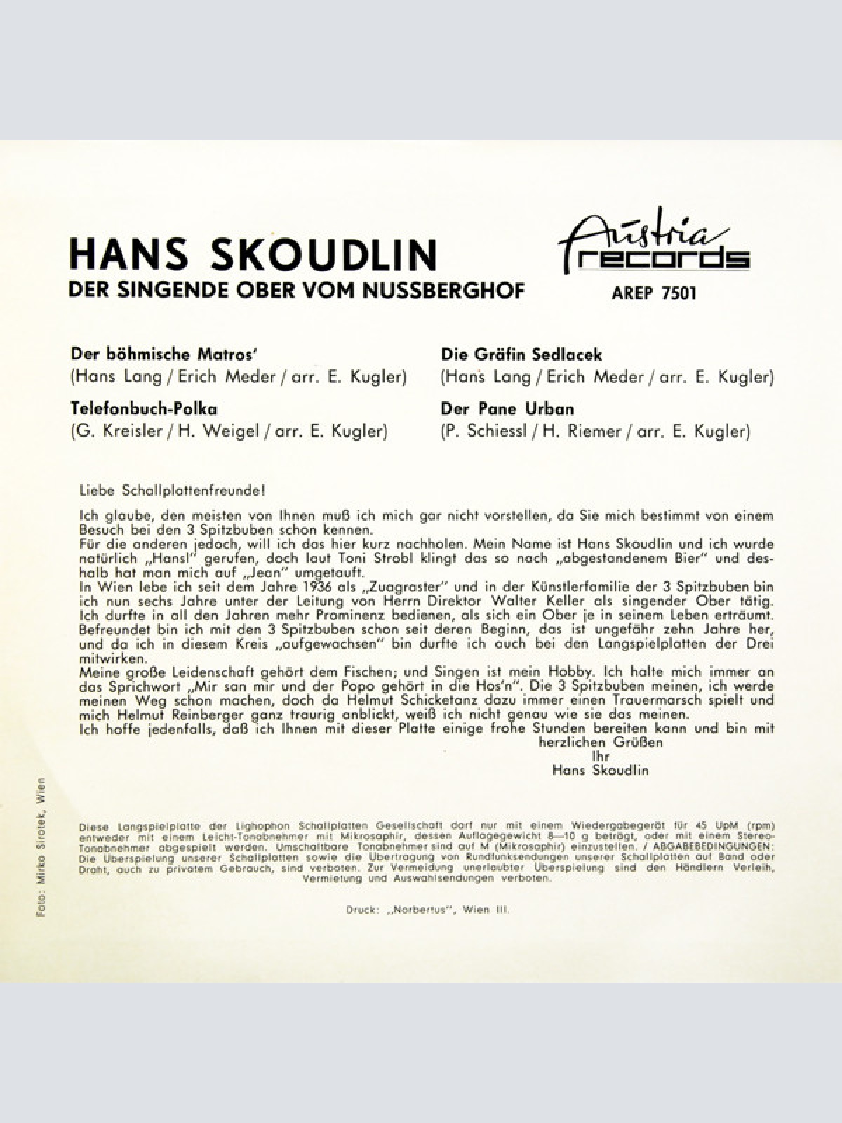 Vinyl / Hans Skoudlin, Der Singende Ober Vom Nussberghof* - Der Böhmische Matros' / Telefonbuch-Polka / Die Gräfin Sedlacek / Der Pane Urban