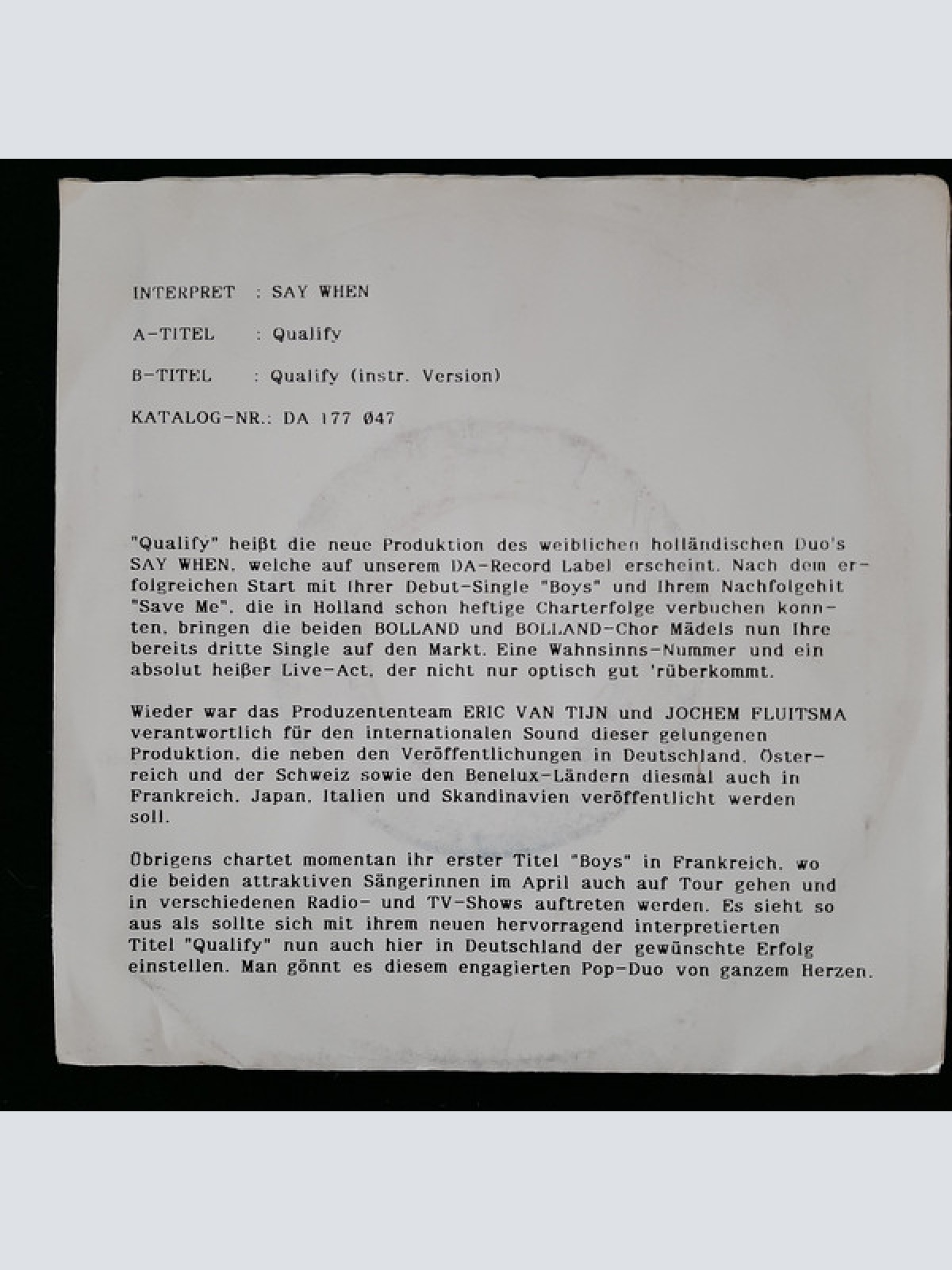 Vinyl / Say When! - Qualify / Qualify (instr. Version)