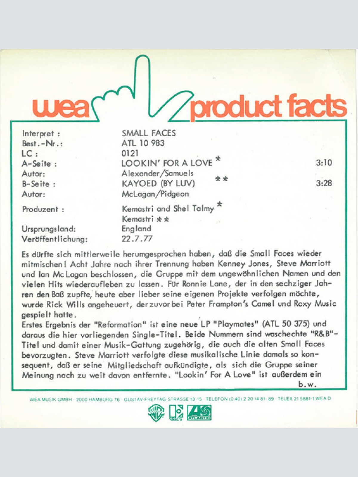 Vinyl / Small Faces - Lookin' For A Love B/W Kayoed (By Luv)