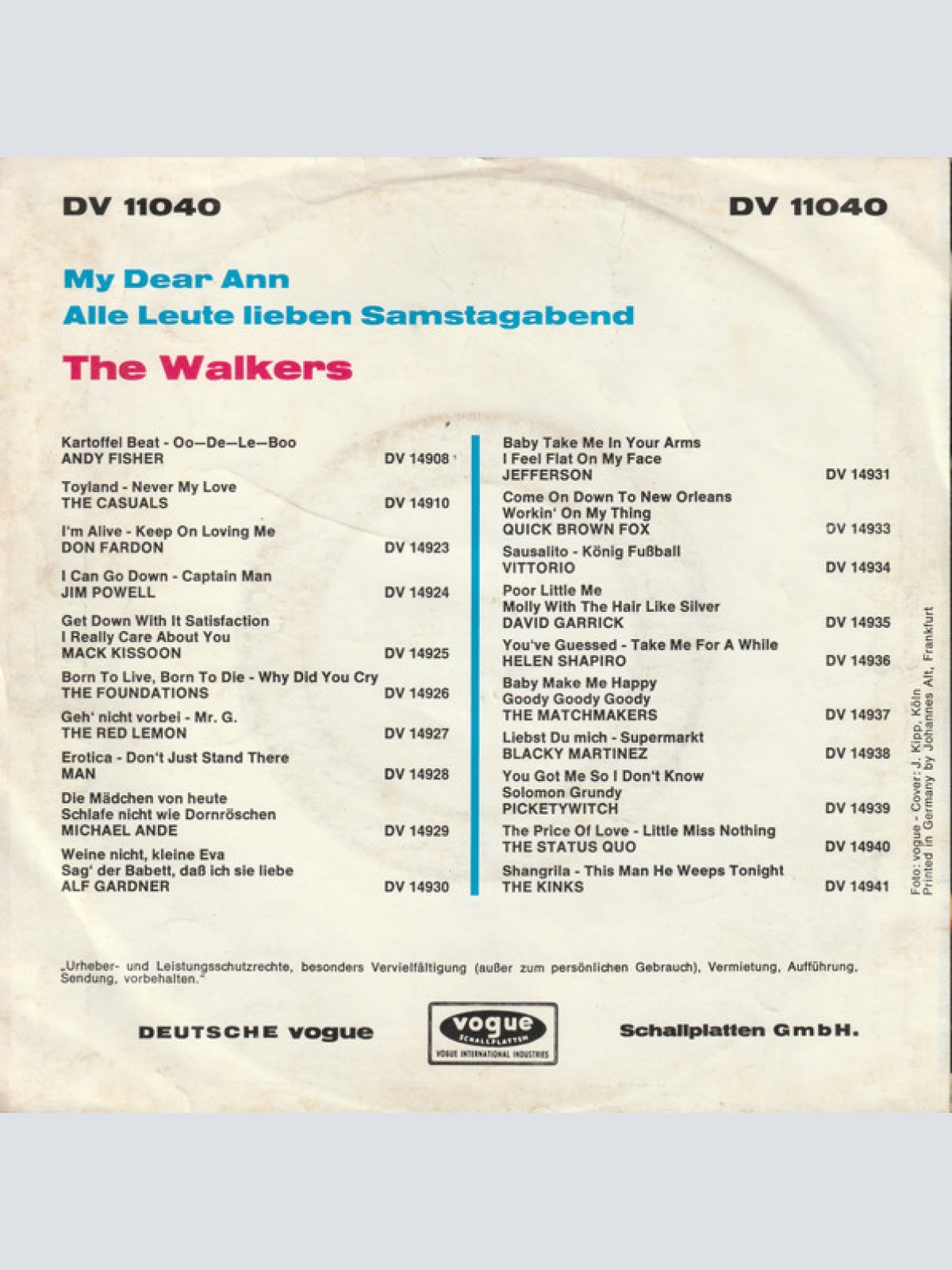 Vinyl / The Walkers (2) - My Dear Ann