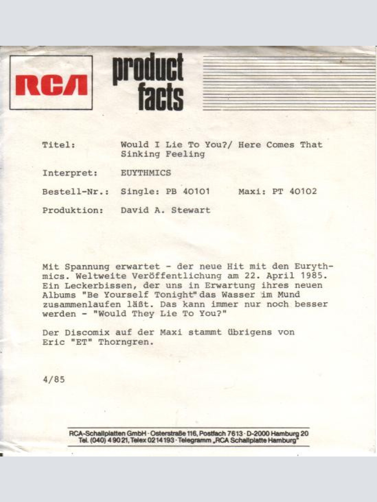 Vinyl / Eurythmics - Would I Lie To You?