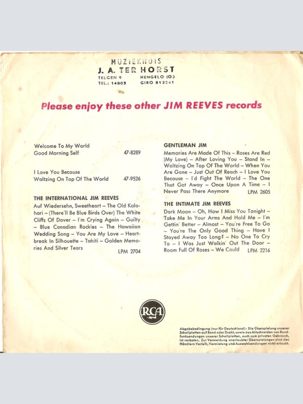 Vinyl / Jim Reeves - I Love You Because / Waltzing On Top Of The World