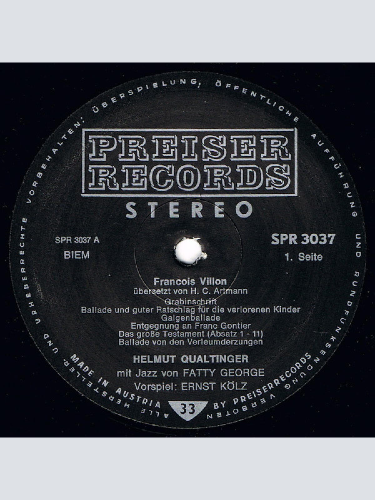 Vinyl / Villon* – Artmann*, Qualtinger*, Fatty George - Villon Übersetzt Von Artmann Gesprochen Von Qualtinger Mit Jazz Von Fatty George