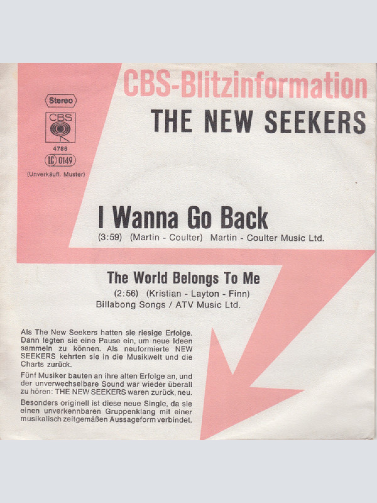Vinyl / The New Seekers - I Wanna Go Back