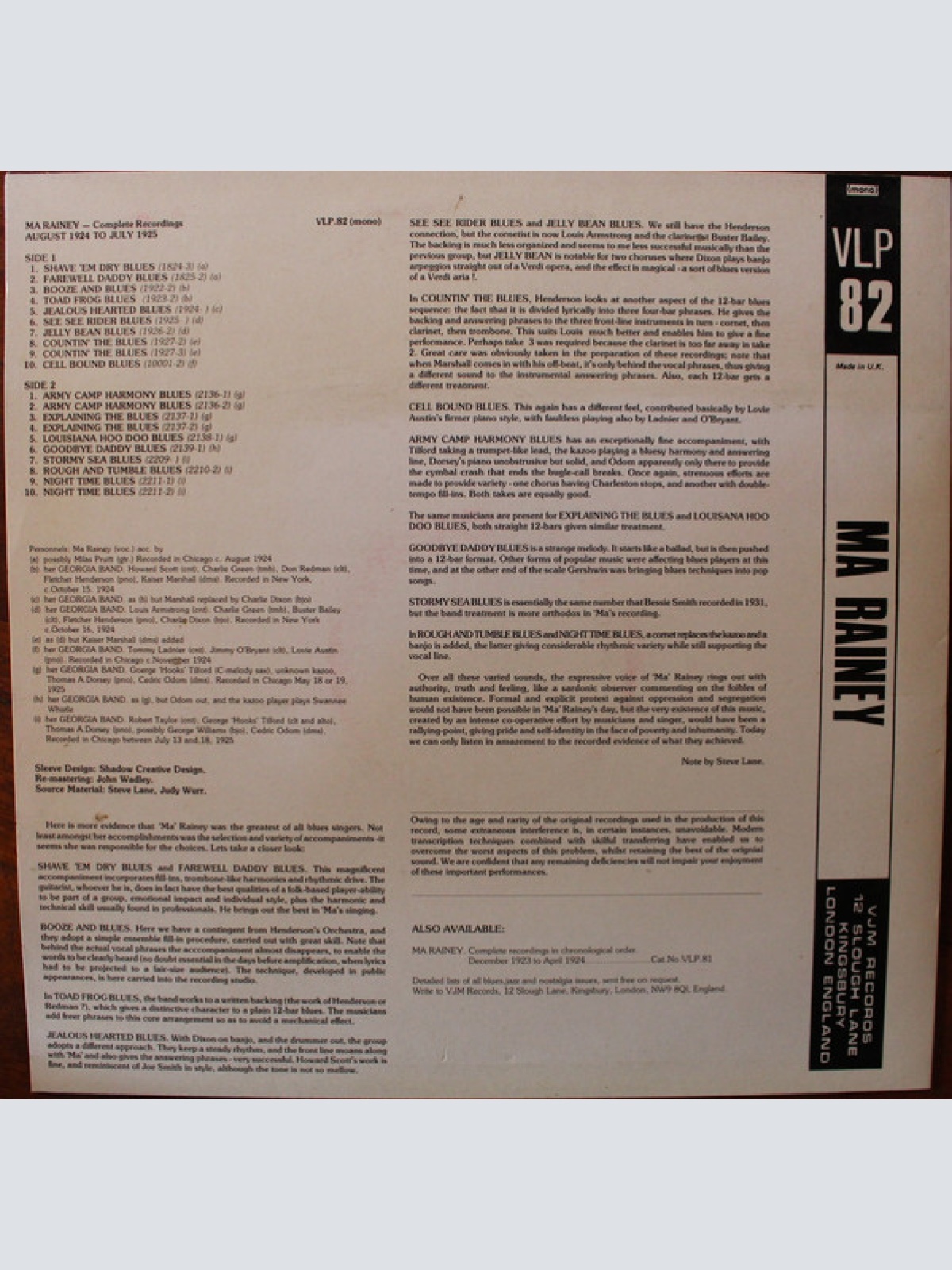 Vinyl / Ma Rainey - Complete Recordings In Chronological Order (August 1924 To July 1925)