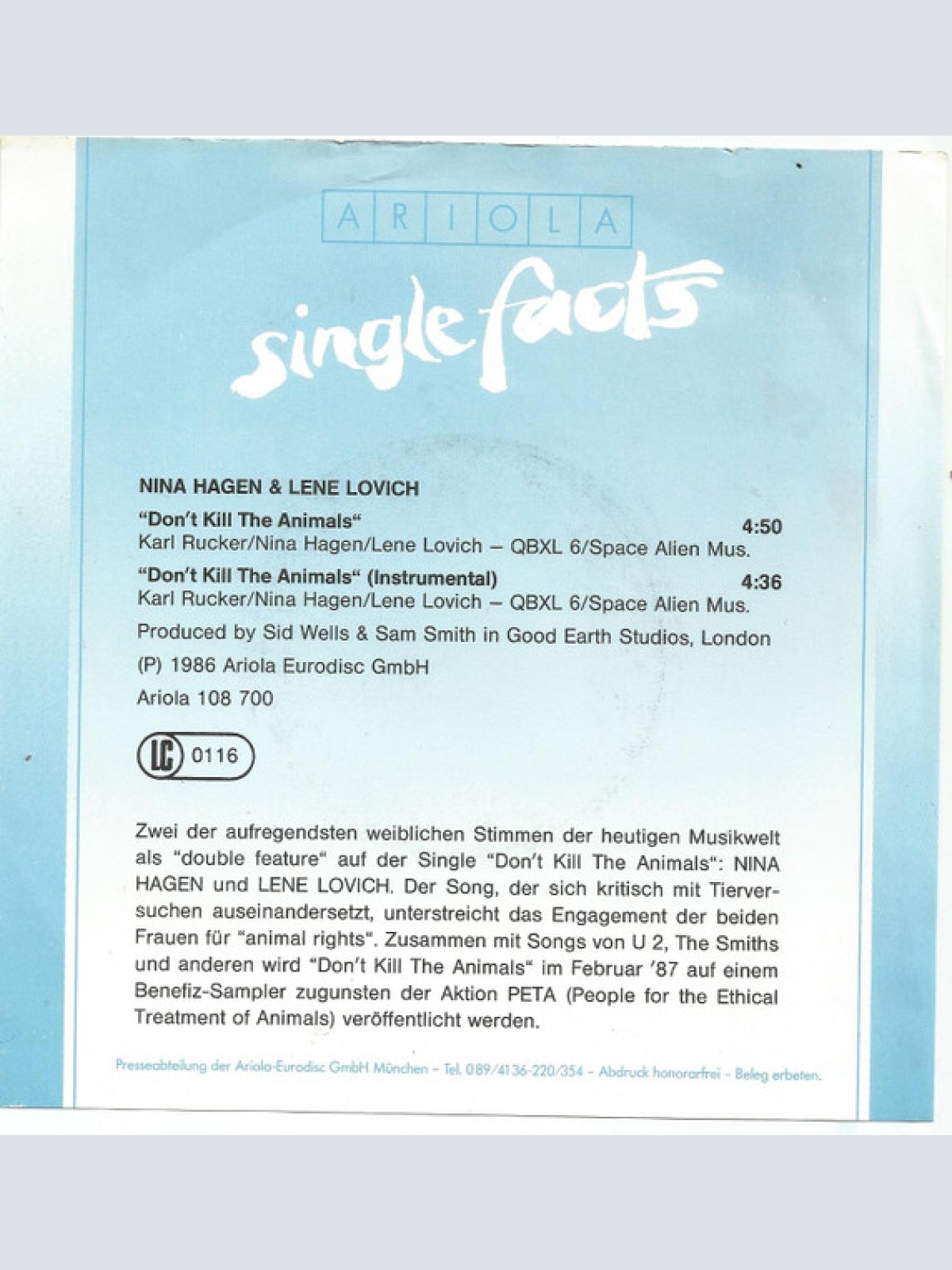 Vinyl / Nina Hagen / Lene Lovich - Don't Kill The Animals