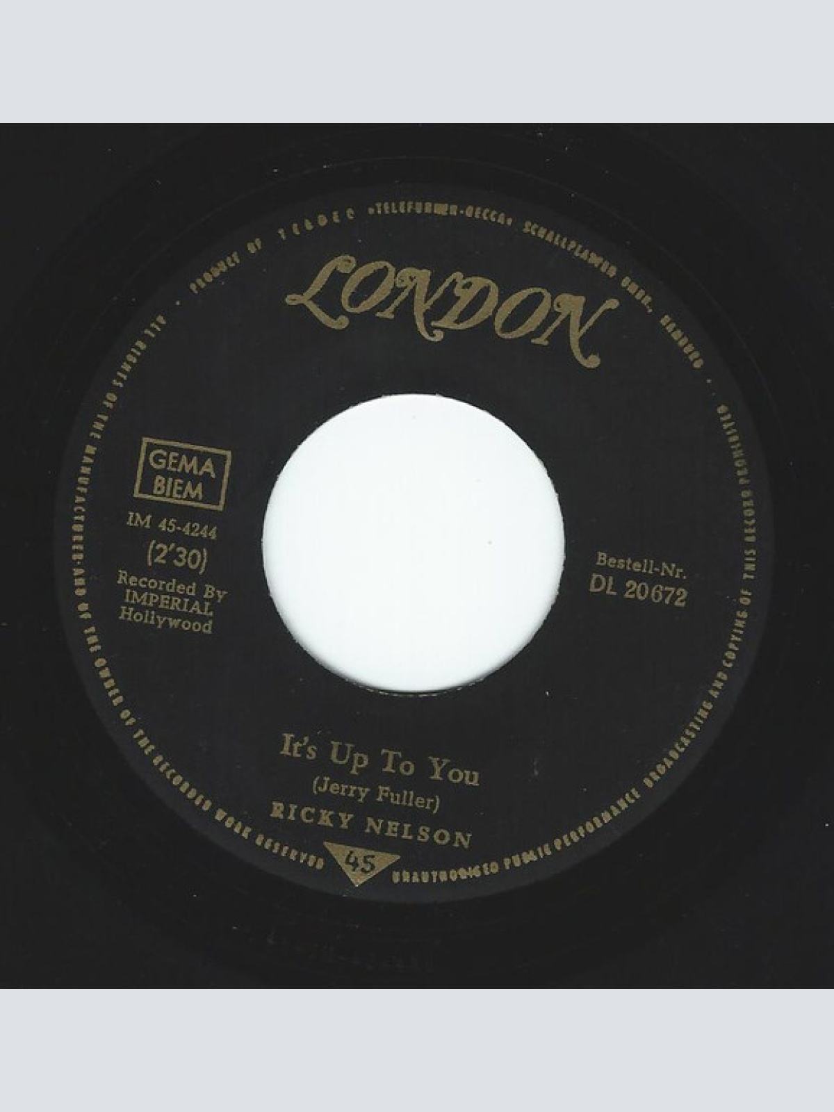 Vinyl / Ricky Nelson (2) - It's Up To You / I Need You