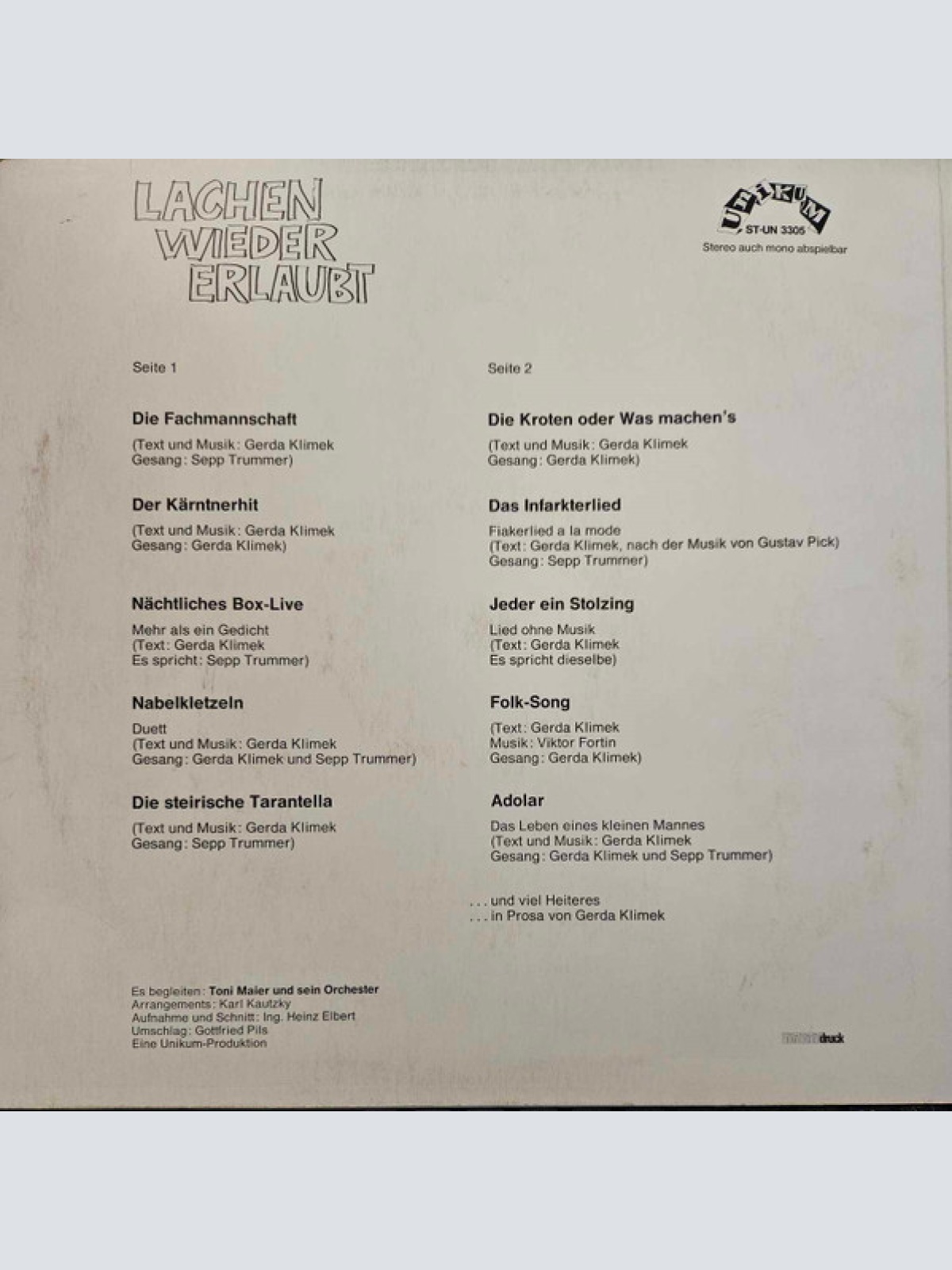 Vinyl / Gerda Klimek Und Sepp Trummer - Lachen Wieder Erlaubt