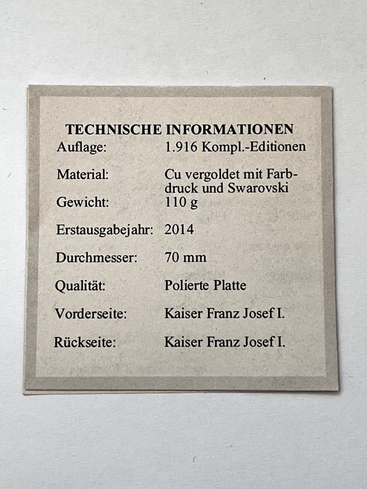 Kaiser Franz Josef Cu vergoldet mit 2 Swarowski Steinen Medaille PP R0020