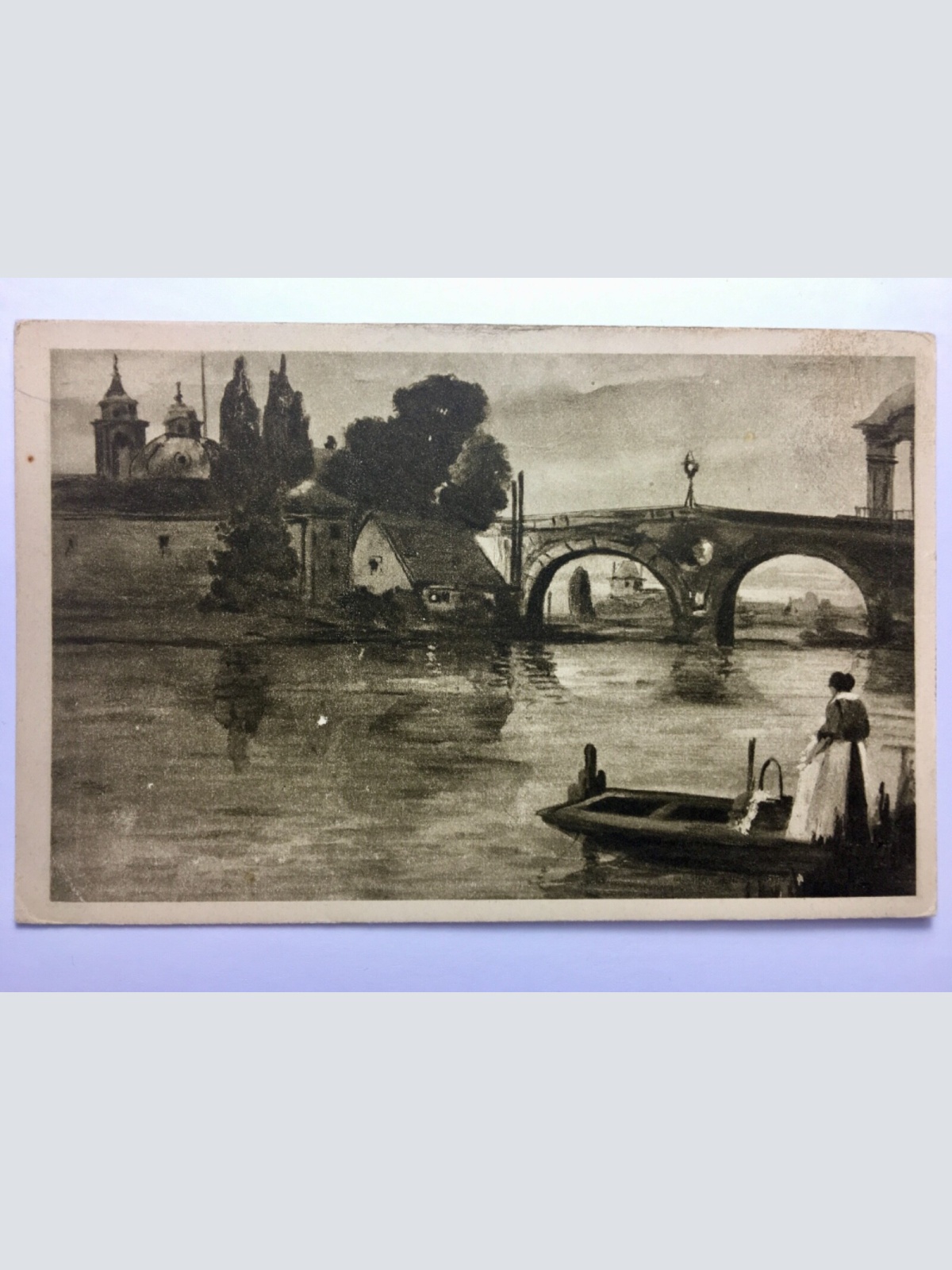 Sommertag (H. Biegler) - Frau in Boot / Künstlerkarte 30035 TH