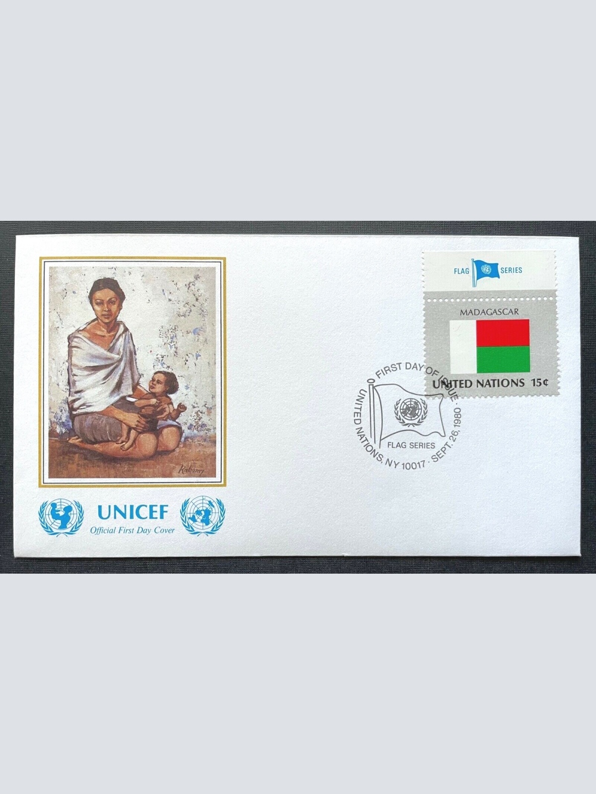 Brief Unicef FDC Flagge Madagascar Rakamy Mother & Child ca.16,4x9,3cm 410301 PR
