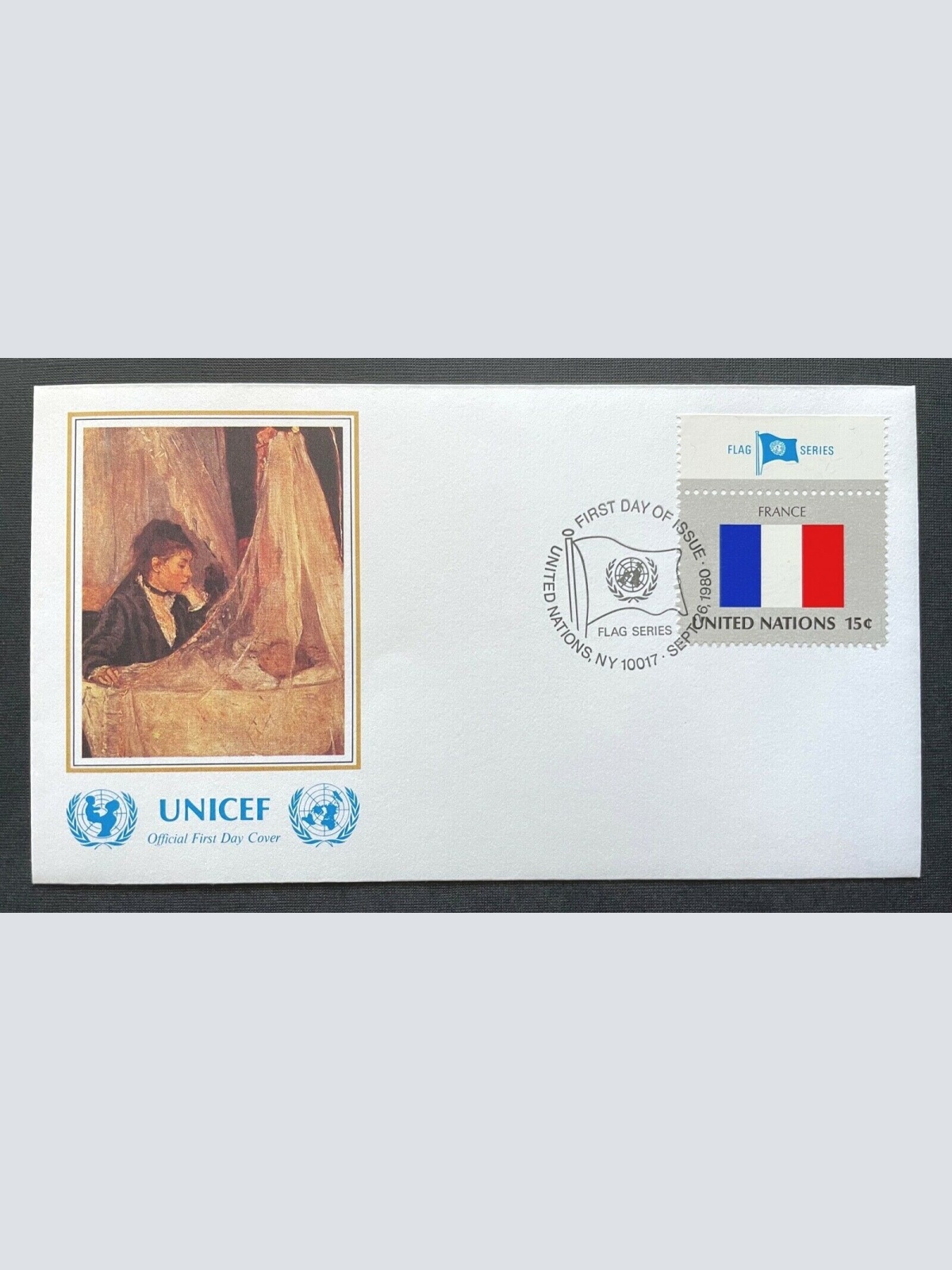 Brief Unicef FDC Flagge France Morisot The Cradle Louvre ca.16,5x9,2cm 410312 PR