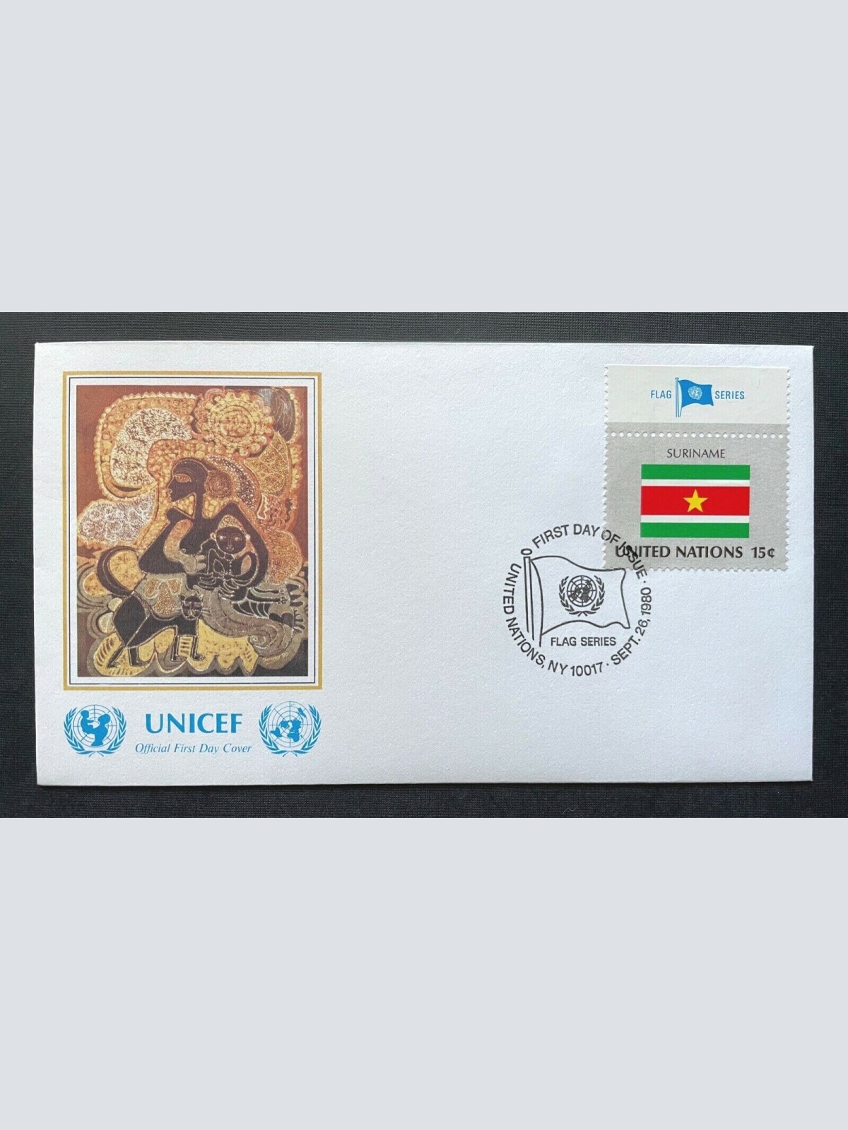 Brief Unicef FDC Flagge Suriname Irodikromo Mother Child ca.16,4x9,2cm 410296 PR