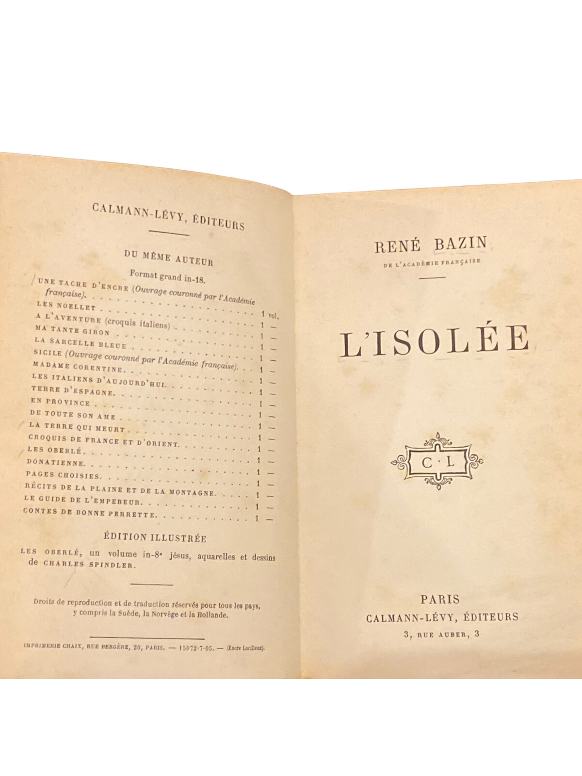 4317 René Bazin (académie francaise) L'ISOLÉE HC Paris