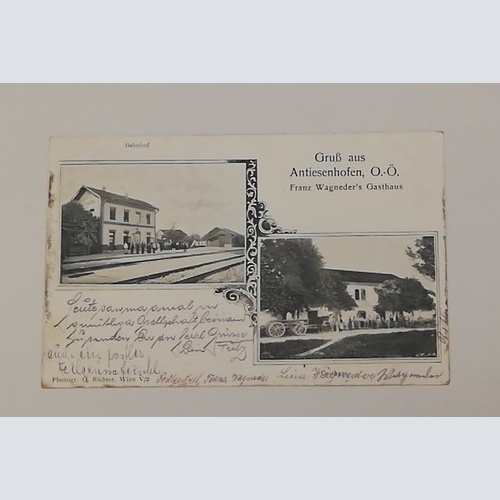 Oberösterreich Antiesenhofen Wagneders Gasthaus Bahnhof Pferde Wagen 600687A tl