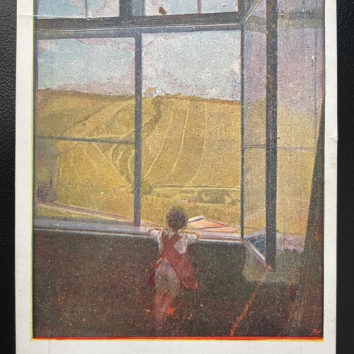 Der Zug kommt Kind Junge Fenster Feld Em.Baschny Eisenbahn 402484 TH A