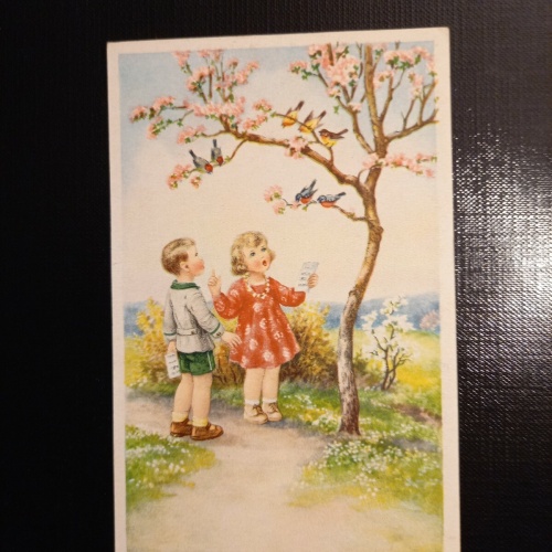 Mädchen und Bubmit mit Vögel - Glückwunschkarte 402286 gr