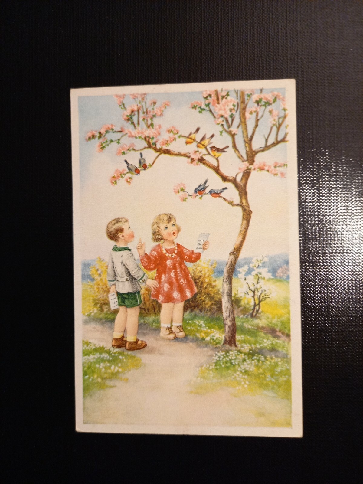 Mädchen und Bubmit mit Vögel - Glückwunschkarte 402286 gr