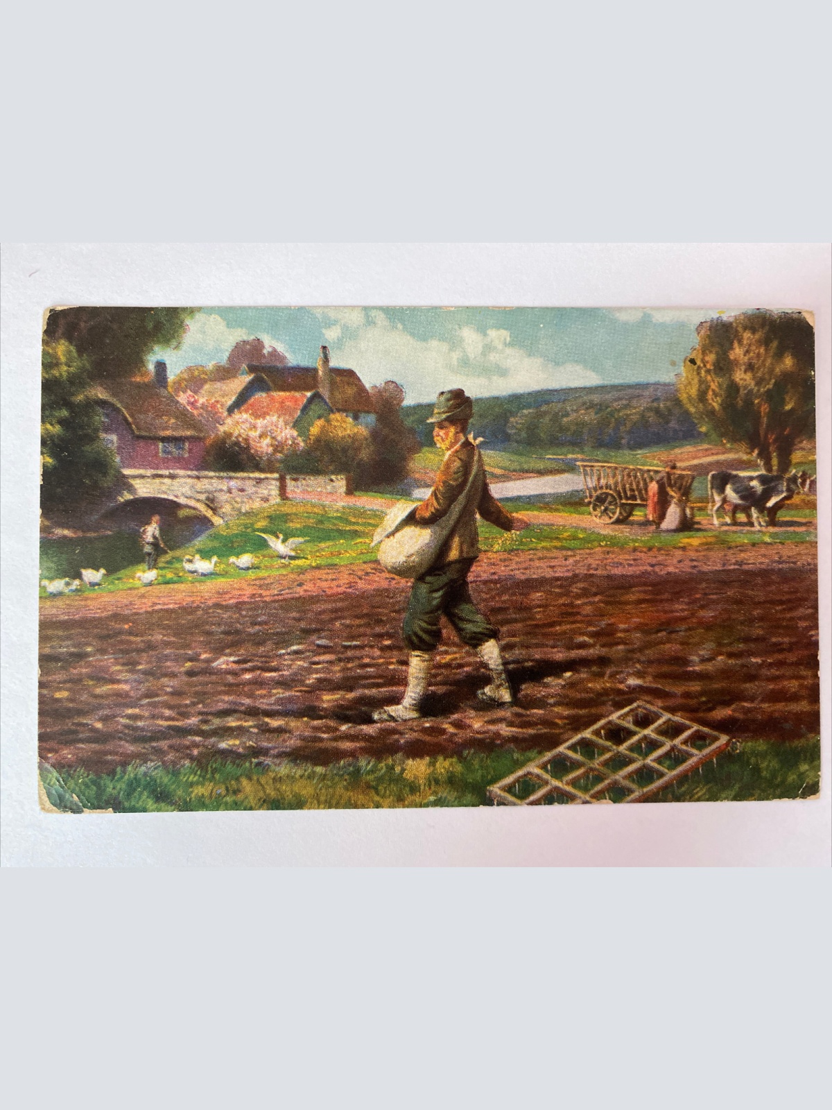 Landschaftsbild mit Bauern, Gänse, Landleben 410026 AH