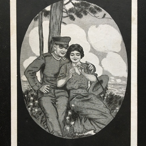 Er liebt mich/nicht - Soldat mit Frau Blume - Militär Krieg 400641 TH