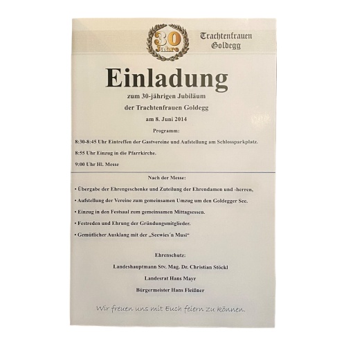 574 Trachtenfrauen EINLADUNG ZUM 30-JÄHRIGEN JUBILÄUM DER TRACHTENFRAUEN GOLDE