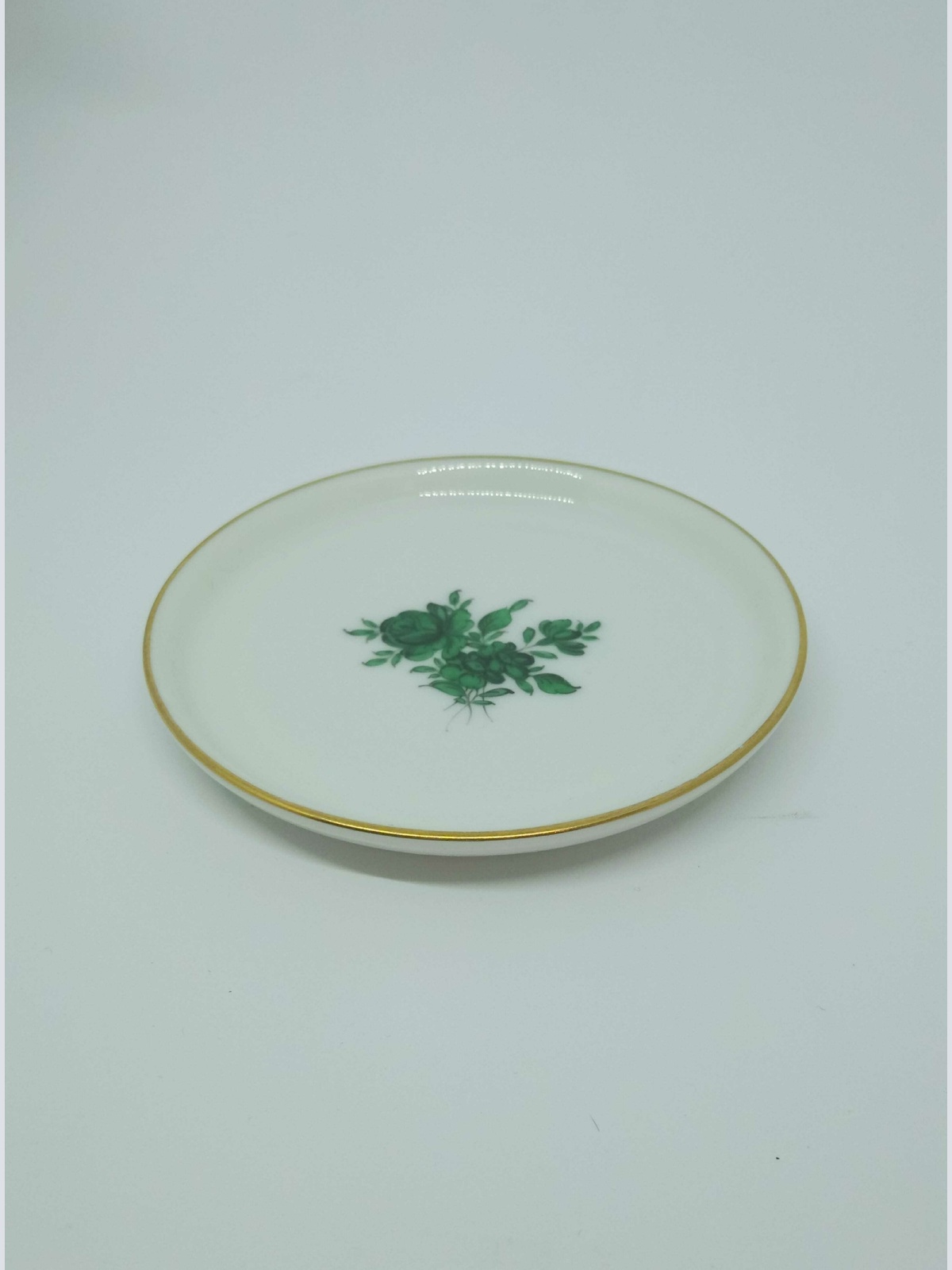 Augarten Porzellan kl. Teller 9cm 809/4 5098 129 grüne Rose mit Goldrand 60229