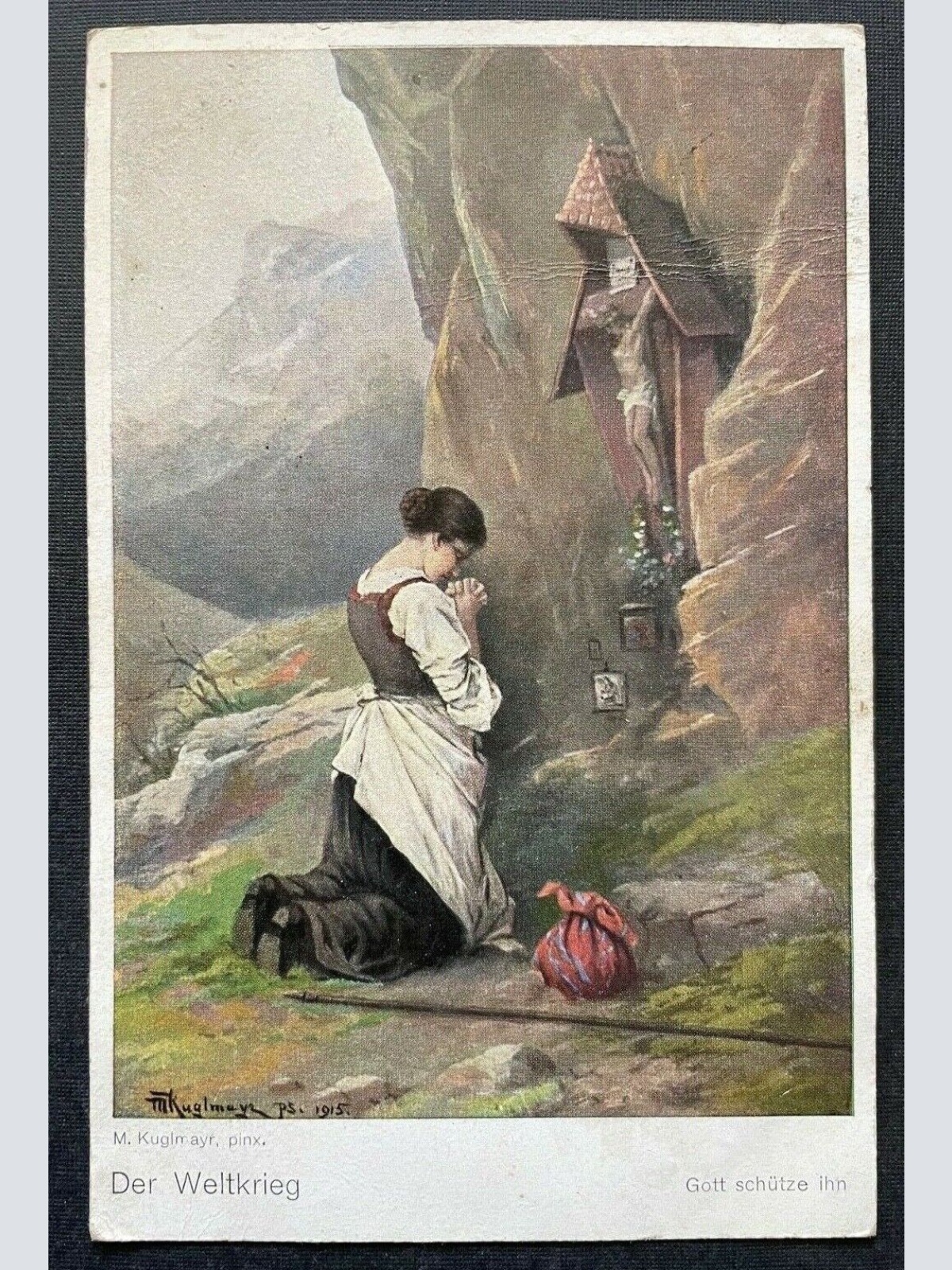 Malerei Gott schütze ihn Weltkrieg Kuglmayr Frau Kleid Bildstock Kreuz 400394 TH