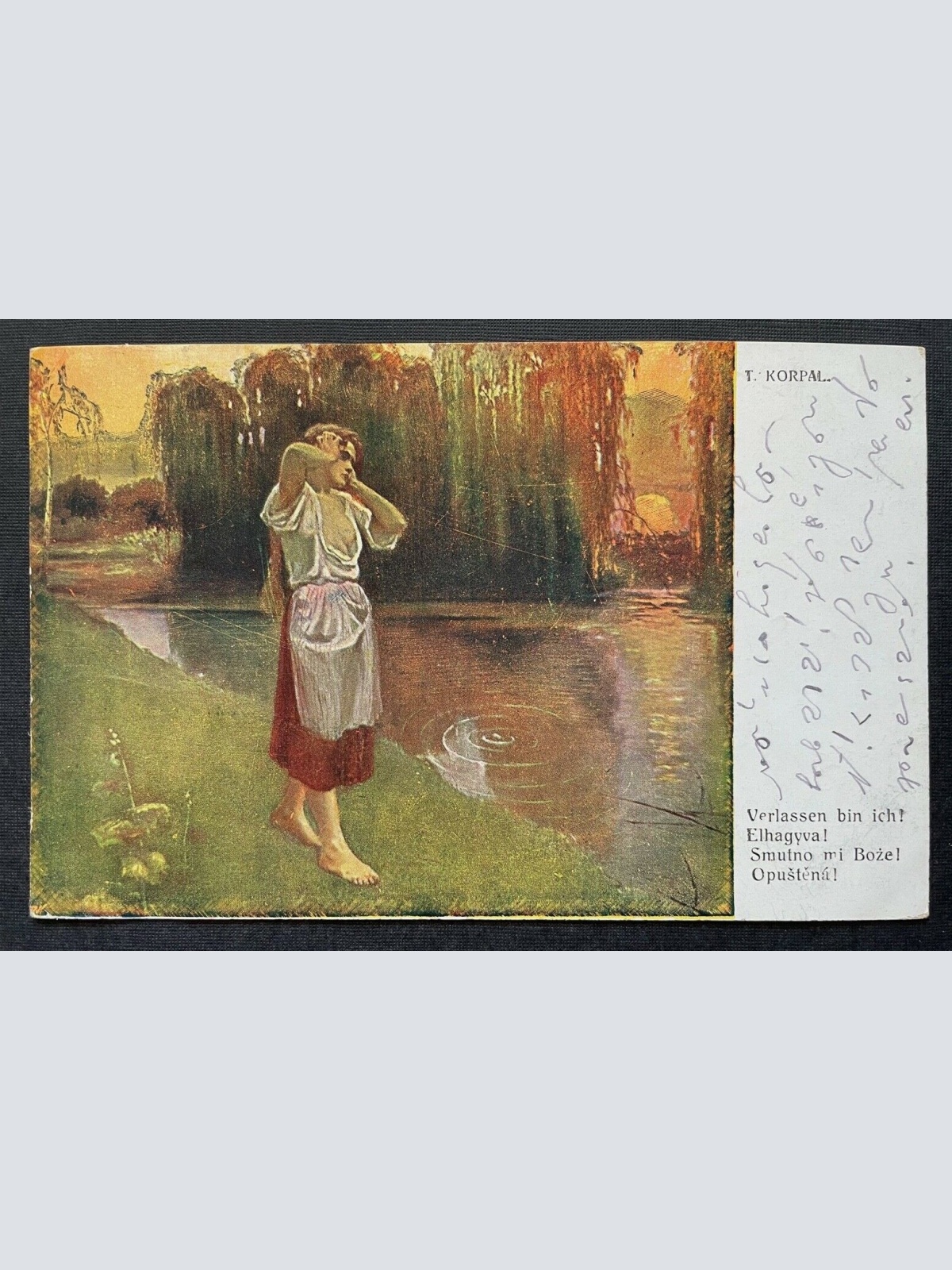 Malerei Verlassen bin ich T.Koral Frau Kleid Liebe Einsamkeit See Park 410776 TH