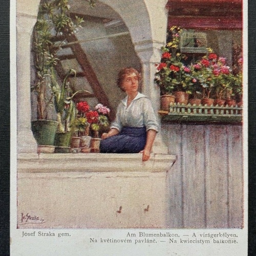 Malerei Am Blumenbalkon J.Straka Frau Blumenstock Bluse Rock Haus 410783 TH