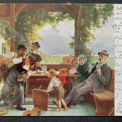 Malerei Lebensfreud C.Philipp Familie Feier Kleid Tracht Hut Bart Kind 400344 TH