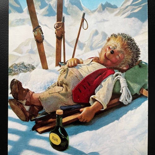 Mecki Igel Es geht mir gut Schifahren Berg Schnee Rum Puppe Hörzu Diehl 400603TH