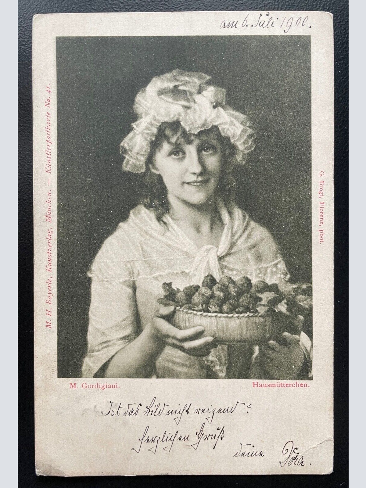 Hausmütterchen M.Gordigiani Frau Hut Tracht Beeren Schüssel Korb 400590 TH A