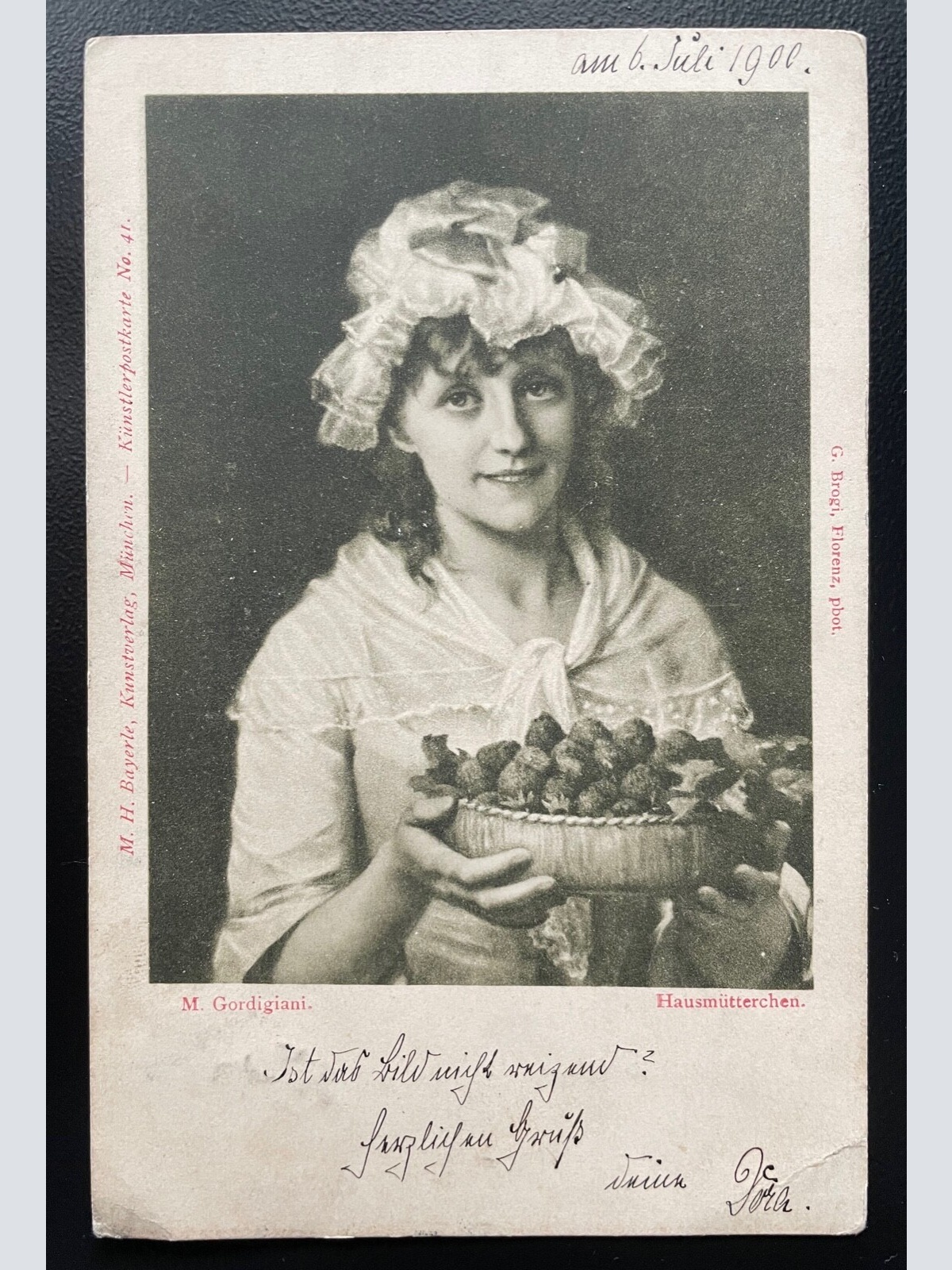 Hausmütterchen M.Gordigiani Frau Hut Tracht Beeren Schüssel Korb 400590 TH A